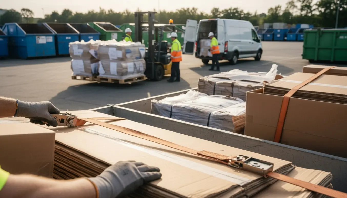 Åben trailer fyldt med pap, mens arbejdere i værnemidler læsser og sikrer lasten.