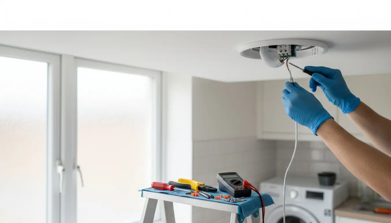 Hænder forbinder strøm til en monteret loftsudsuger med ledninger og værktøj på en stige.