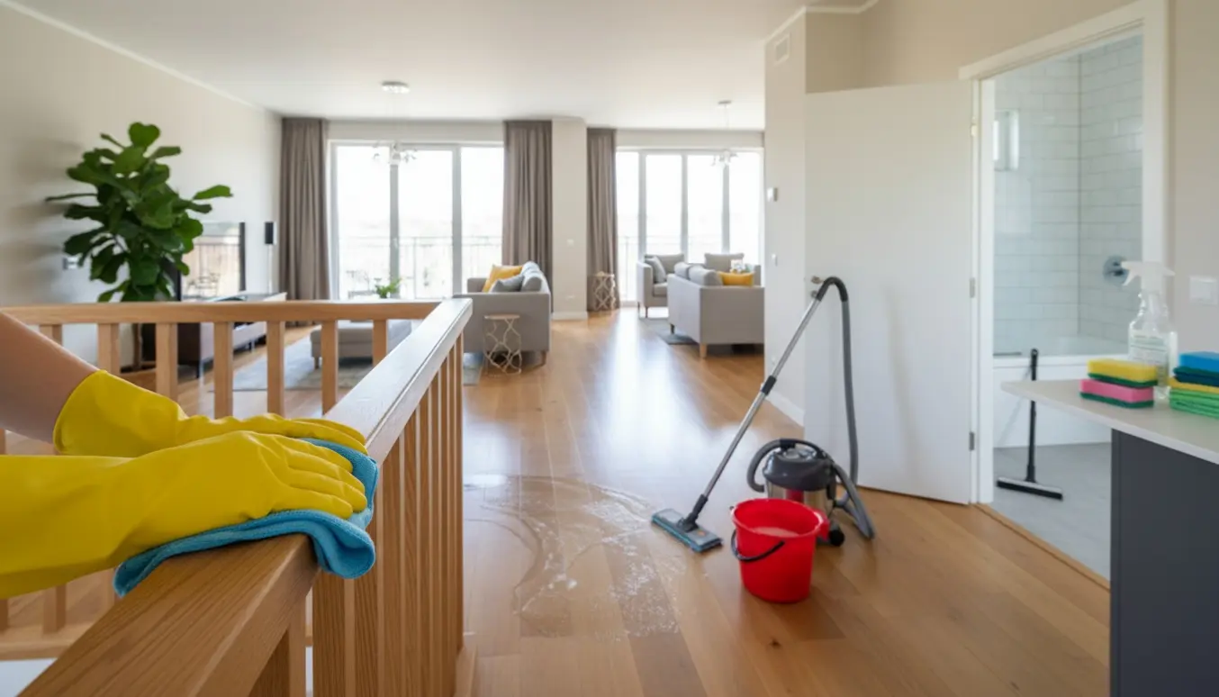 Lyse villa lejlighed med rengøringsudstyr og handsker, der pudser et trægelænder.