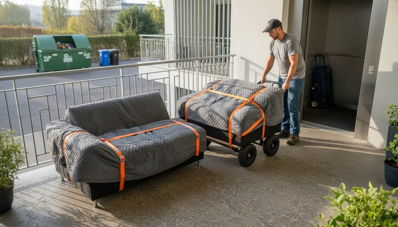 To personer fjerner en sovesofa i to dele fra en altan og fører den mod elevatoren til bortskaffelse.