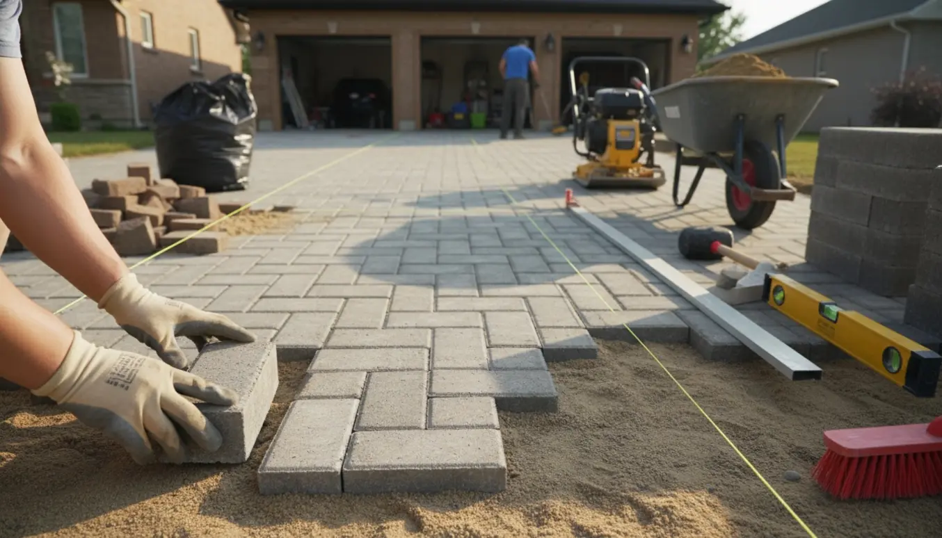 Nærbillede af hænder, der lægger betonfliser i en indkørsel med værktøj og materiale ved siden af.