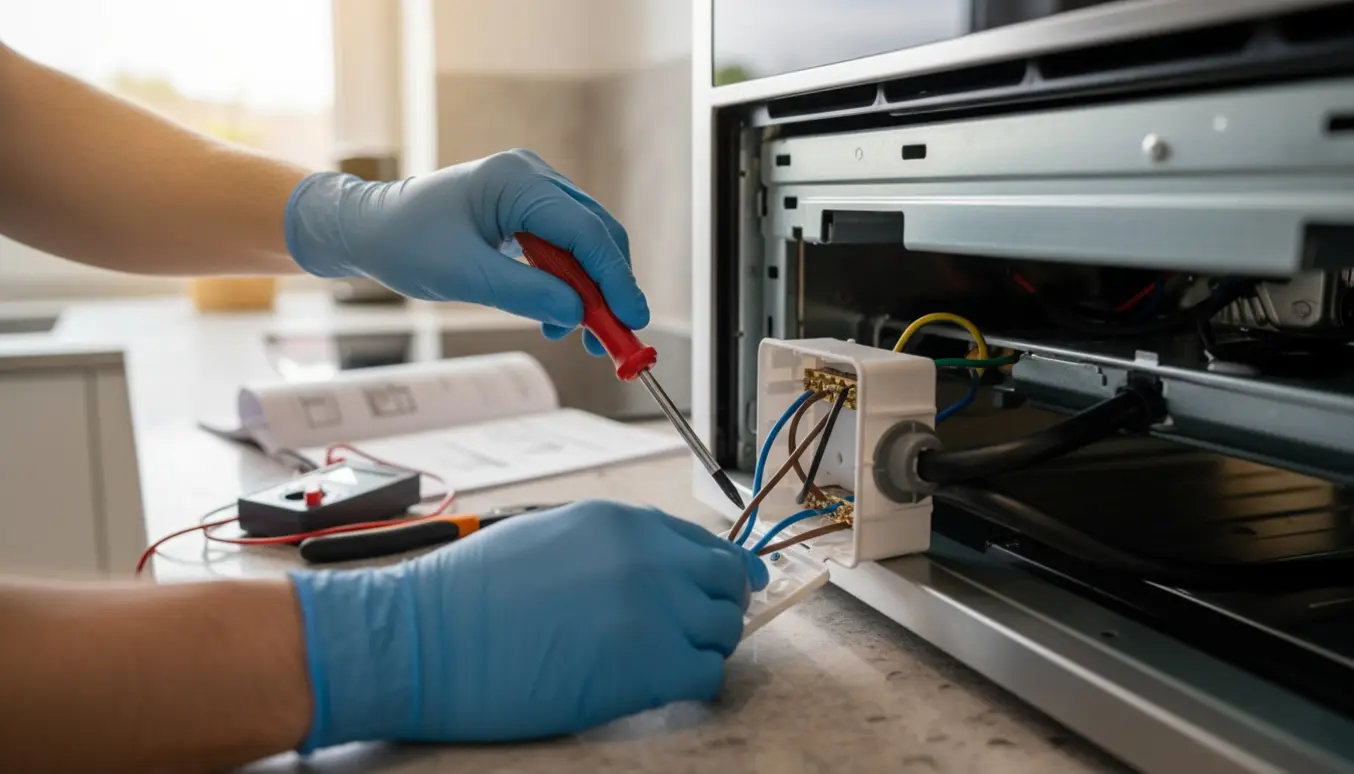 Hænder forbinder hovedstrøm til ovn og kogeplade i en åben plastik samleboks under køkkenbordet.