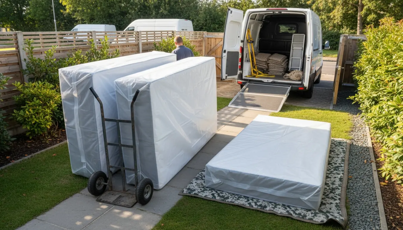 To boxmadrasser pakket i plast læsses på en varevogn fra baghaven klar til genbrug.