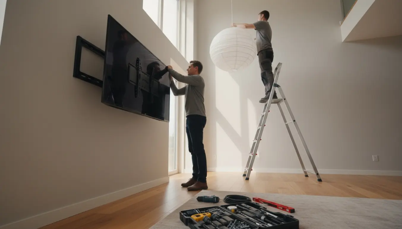 Montering af fladskærm på vægbeslag i stue, mens en papirlampe hænges op fra en høj stige.