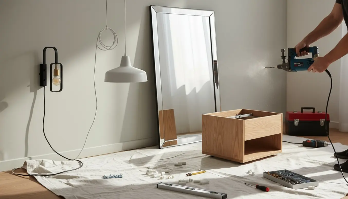 Hænder bruger en slagboremaskine til at montere lamper, et spejl og et natbord i et roligt soveværelse.