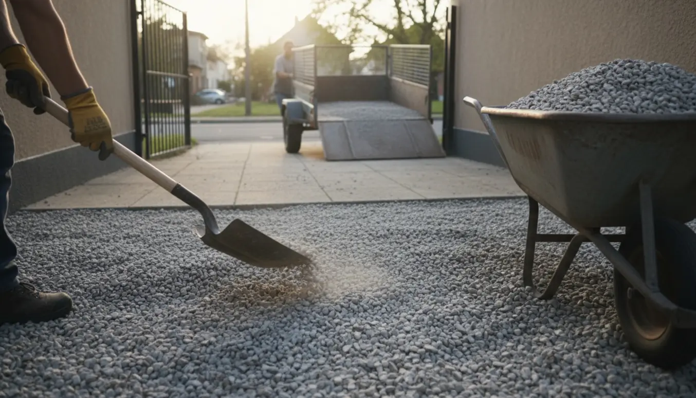 Nogen skovler perlesten i en gård og skubber en trailer gennem porten mod genbrugspladsen.