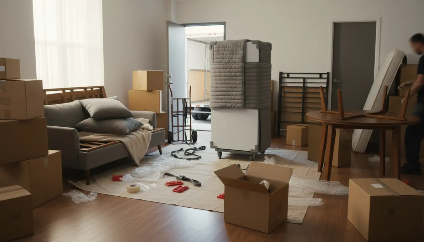 Flyttescene med stabler af flyttekasser, adskilt sofa og spisebord samt en skabsfryser klar til transport.