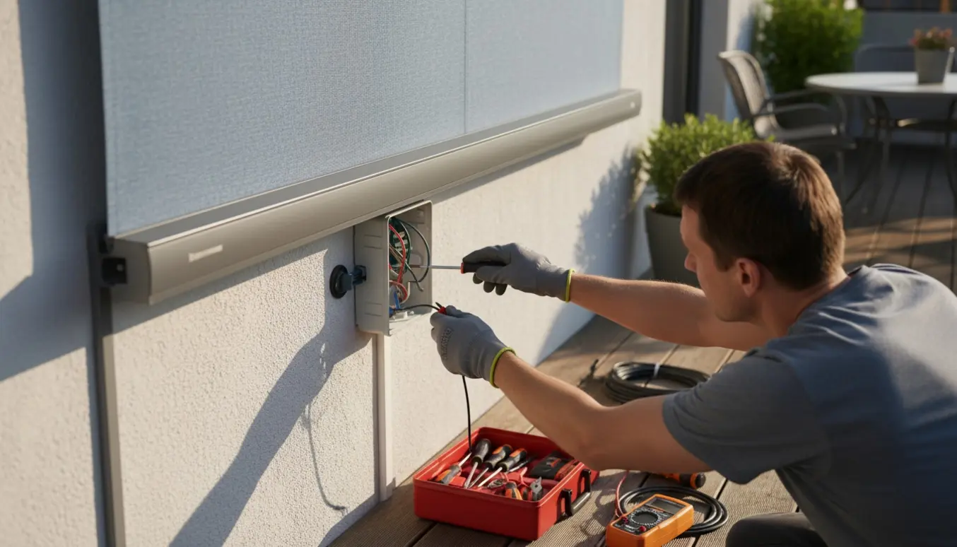 Elektriker tilslutter strøm til en ny markise på en terrasse, kun hænder og værktøj synlige.