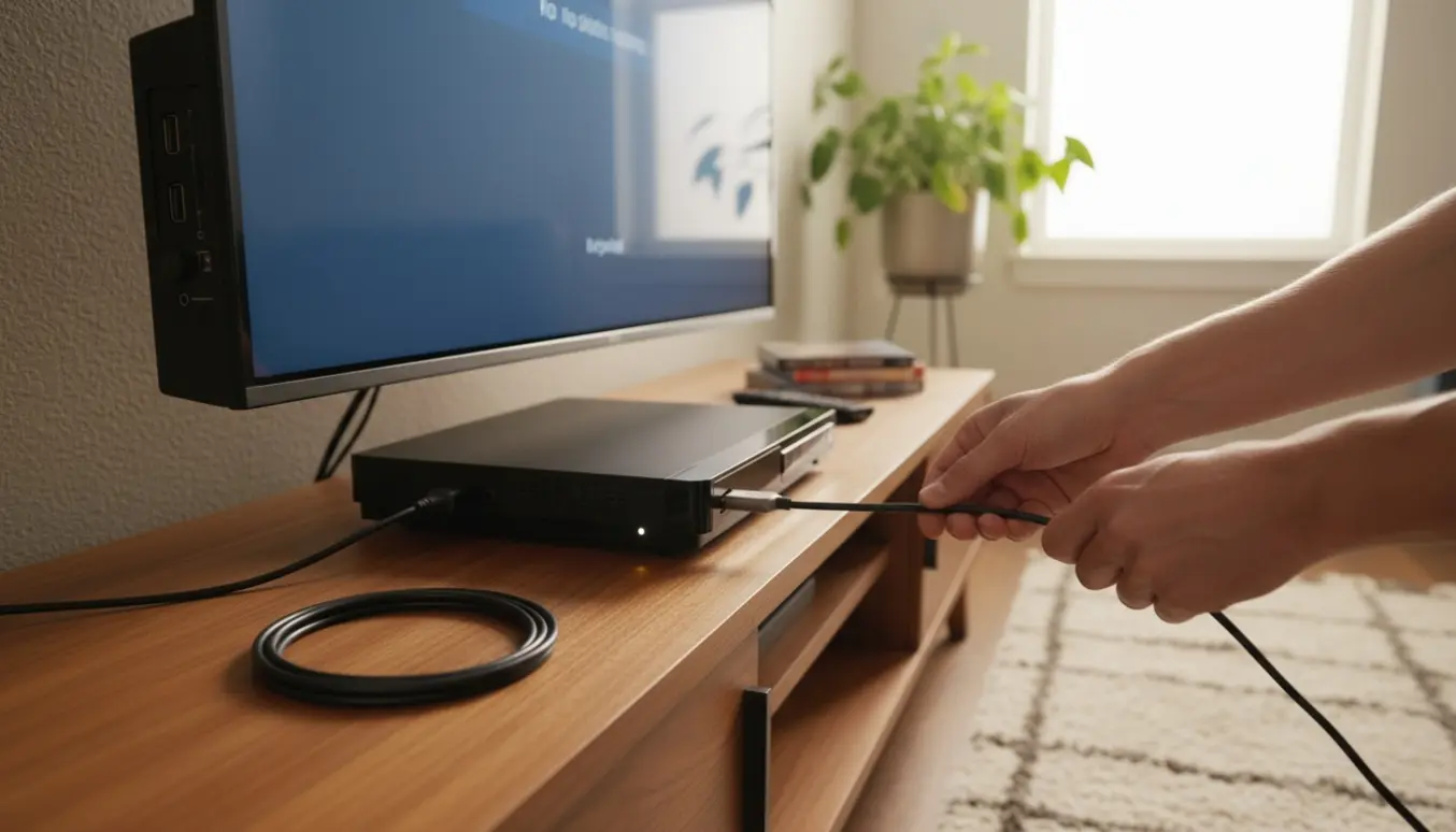 Hænder forsøger at tilslutte et HDMI-kabel mellem en DVD-afspiller og et smart-tv på et mediabord.