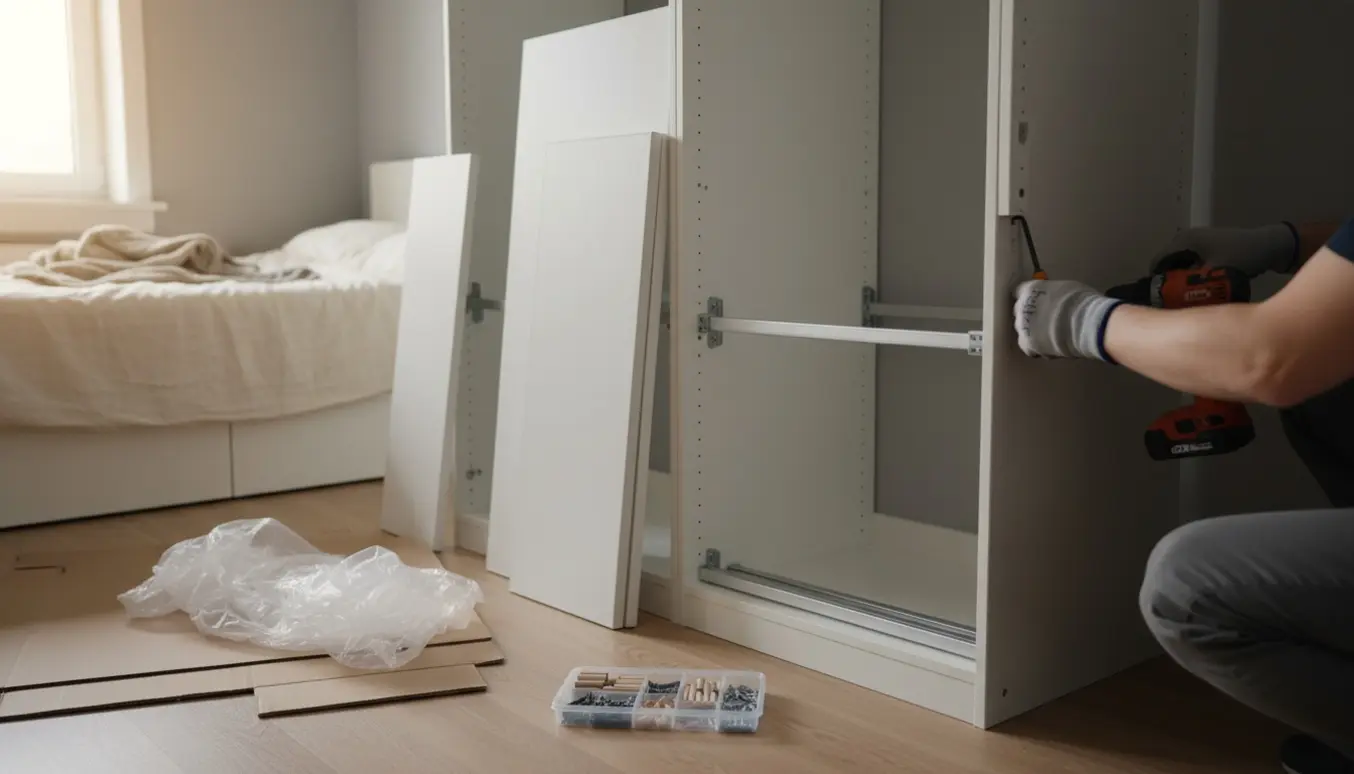 Delvist samlet IKEA PAX klædeskab i soveværelse med værktøj og emballage ved siden af.