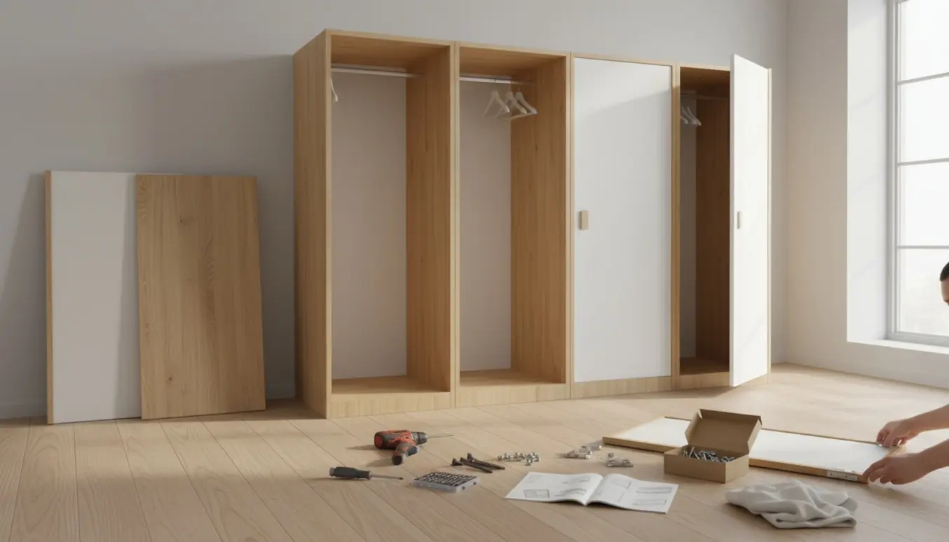 Delvist samlet tre-delt garderobeskab med værktøj og låger klar til montering i et lyst rum.