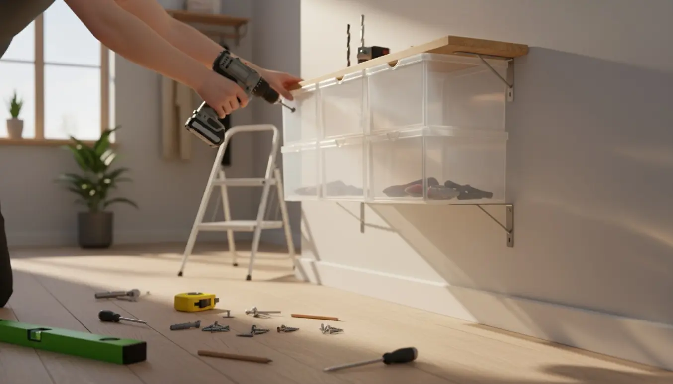 Hænder monterer en lille hylde og hænger skokasser op på en lys væg med værktøj og skruer ved siden af.