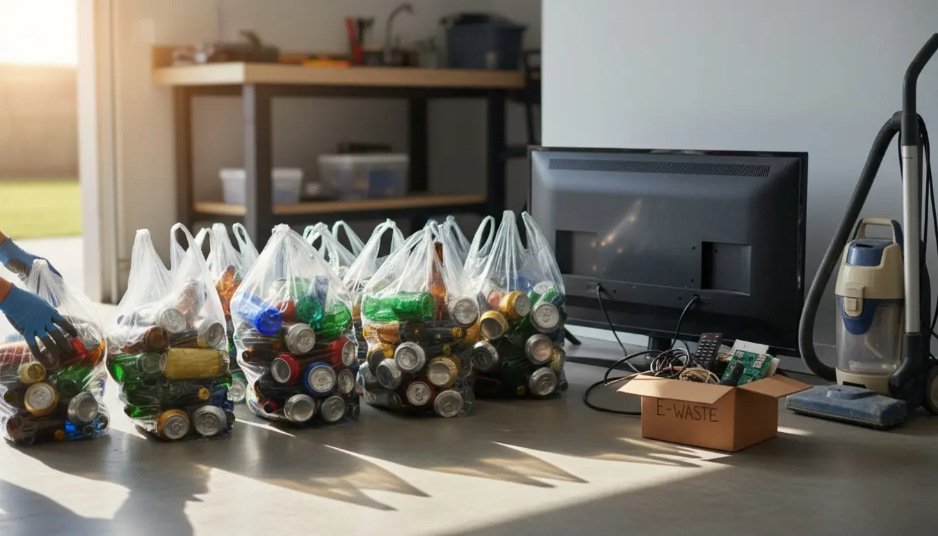 Seks gennemsigtige poser med pantflasker og -dåser ved siden af et fjernsyn og en støvsuger i garagen, klar til aflevering.