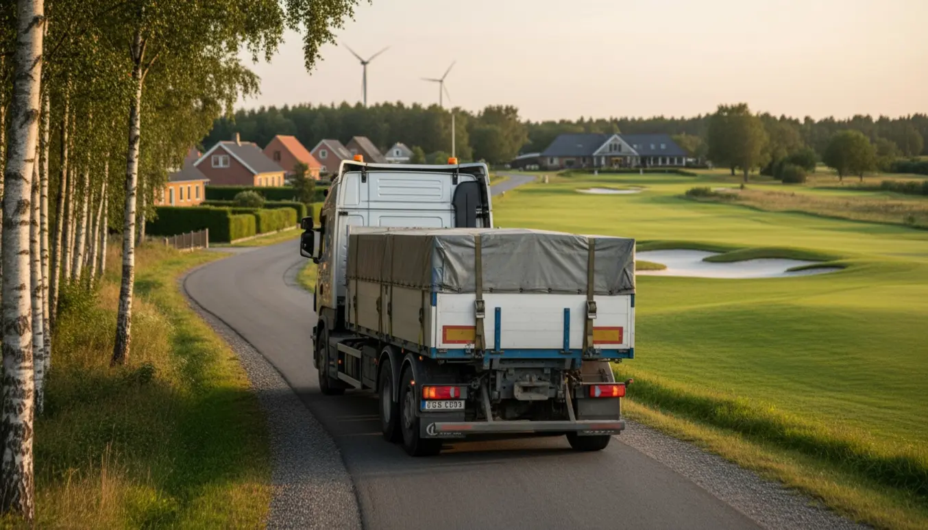 Stor trailer køres på en dansk landevej mod Himmerland Golf med golfbanens grønne fairways i baggrunden.