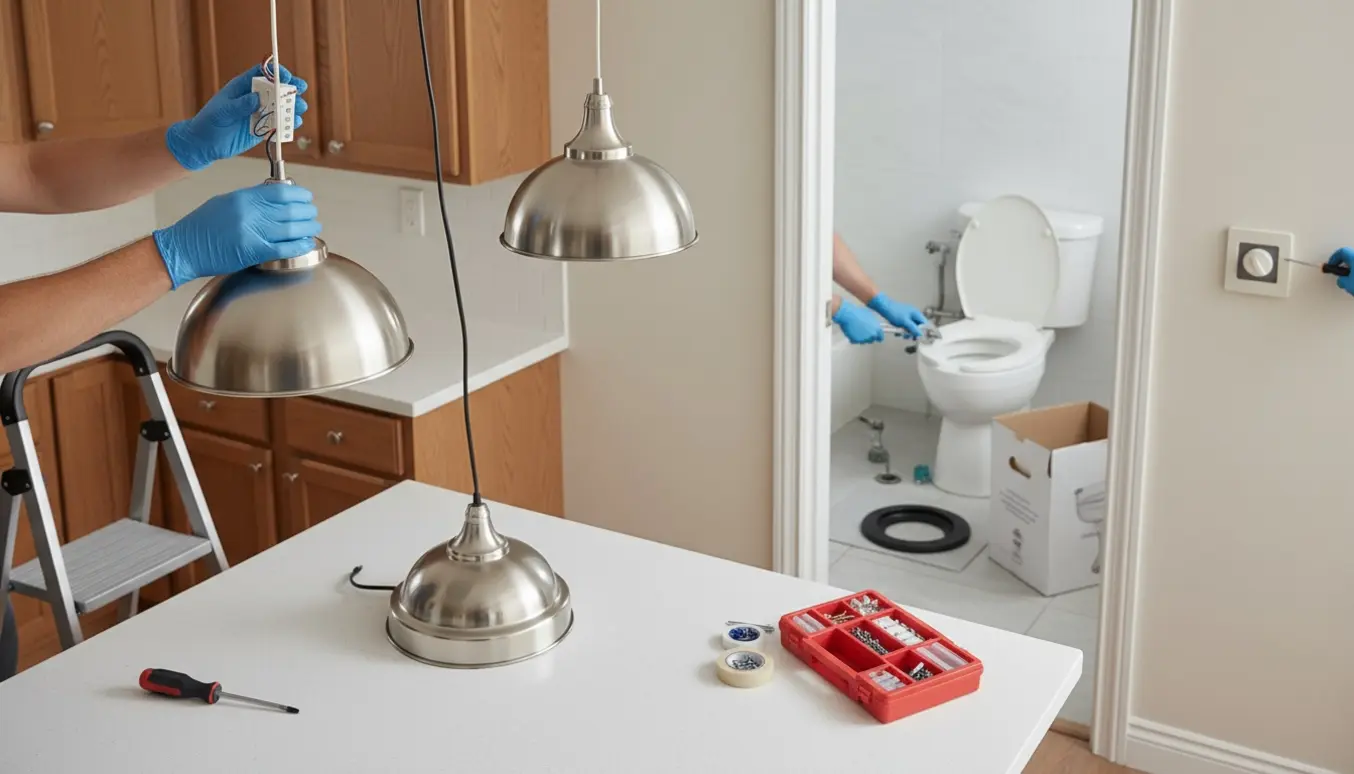 Hænder udskifter loftslamper og et toilet i et hjem med værktøj og en gulvvarmeregulator.