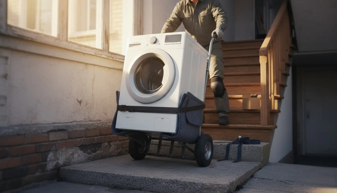 En vaskemaskine på sækkevogn løftes op ad trappen af hjelpere med handsker og flyttetæppe.