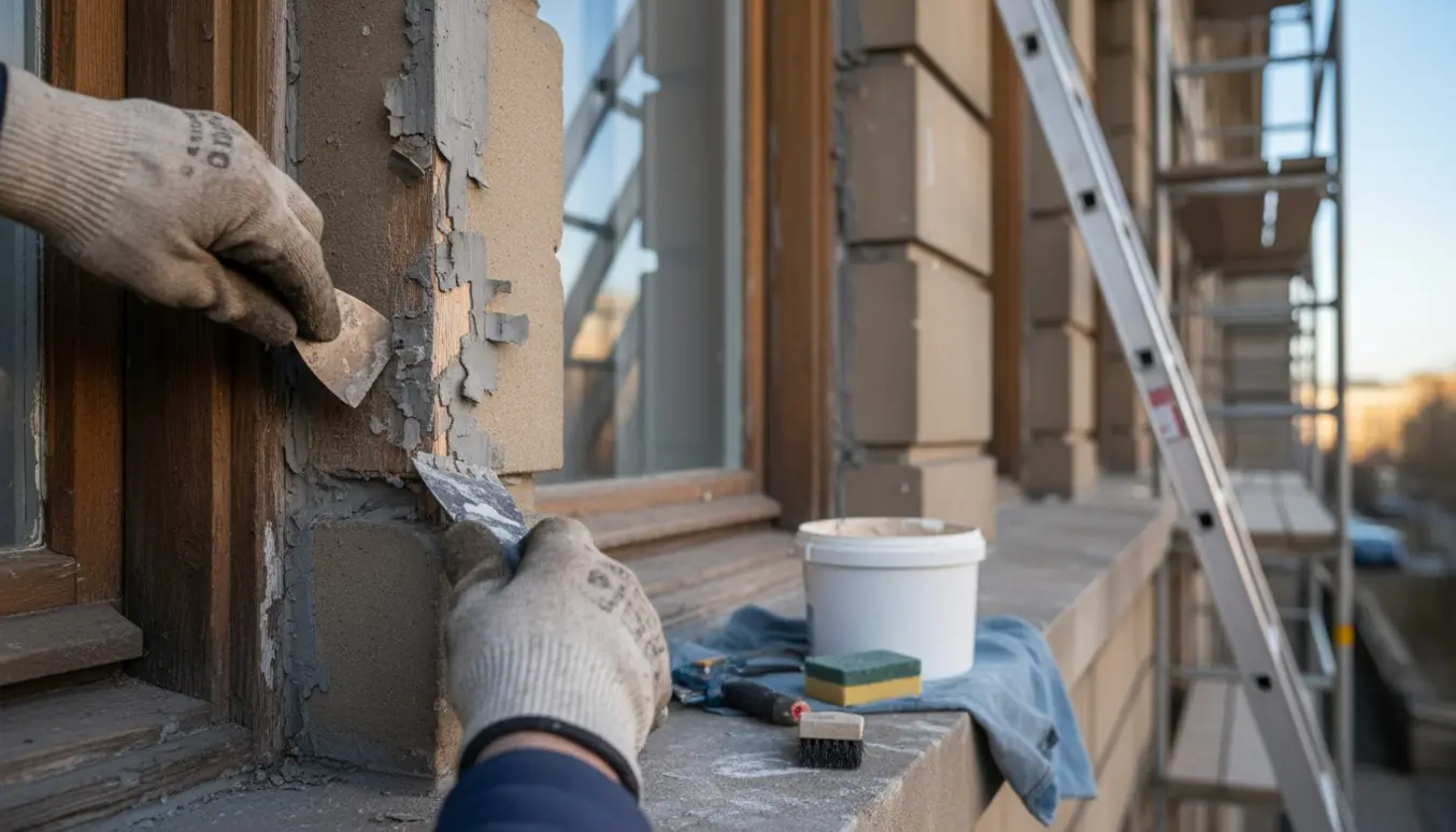 Nærbillede af hænder, der fjerner revnet spartelmasse omkring et udvendigt vindue på en større ejendom.
