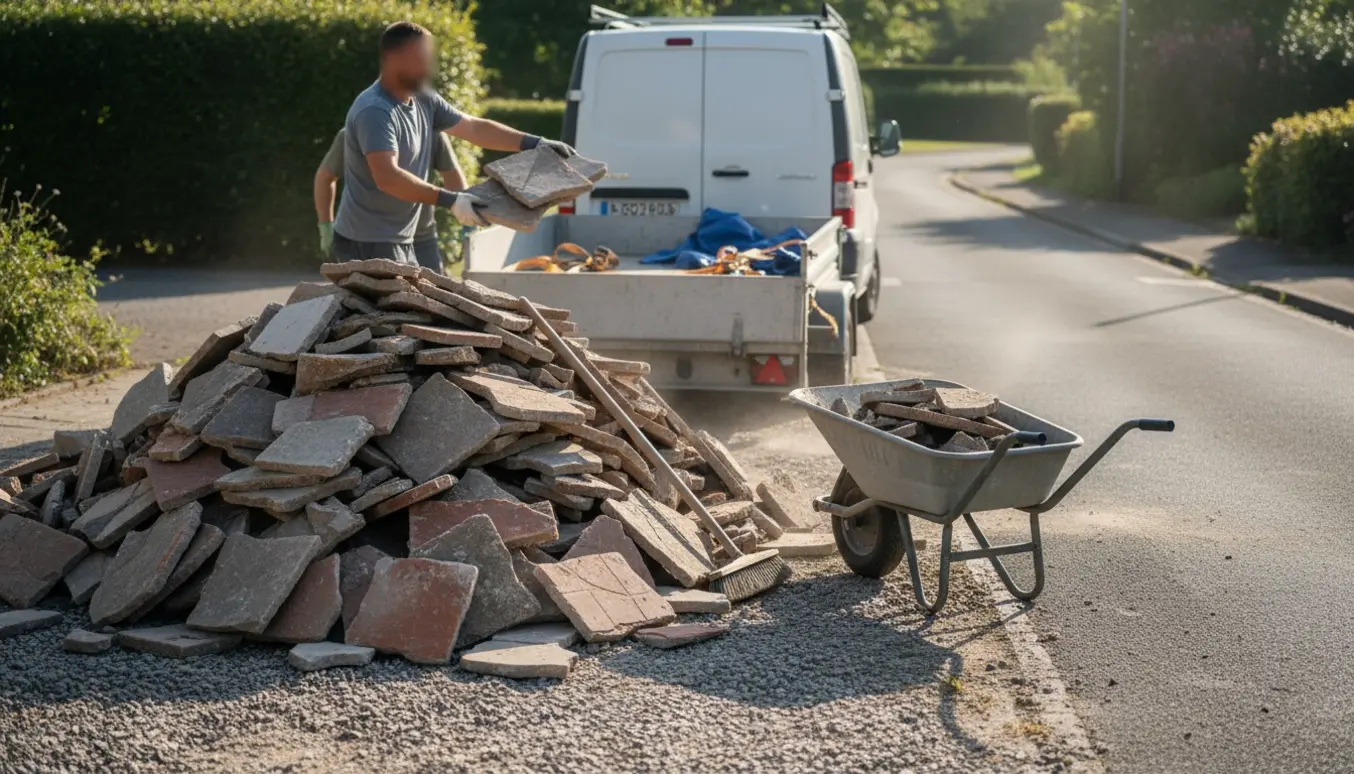 Stort buntet med gamle fliser og sten ved indkørsel, hvor handsker og trailer står klar til afhentning.