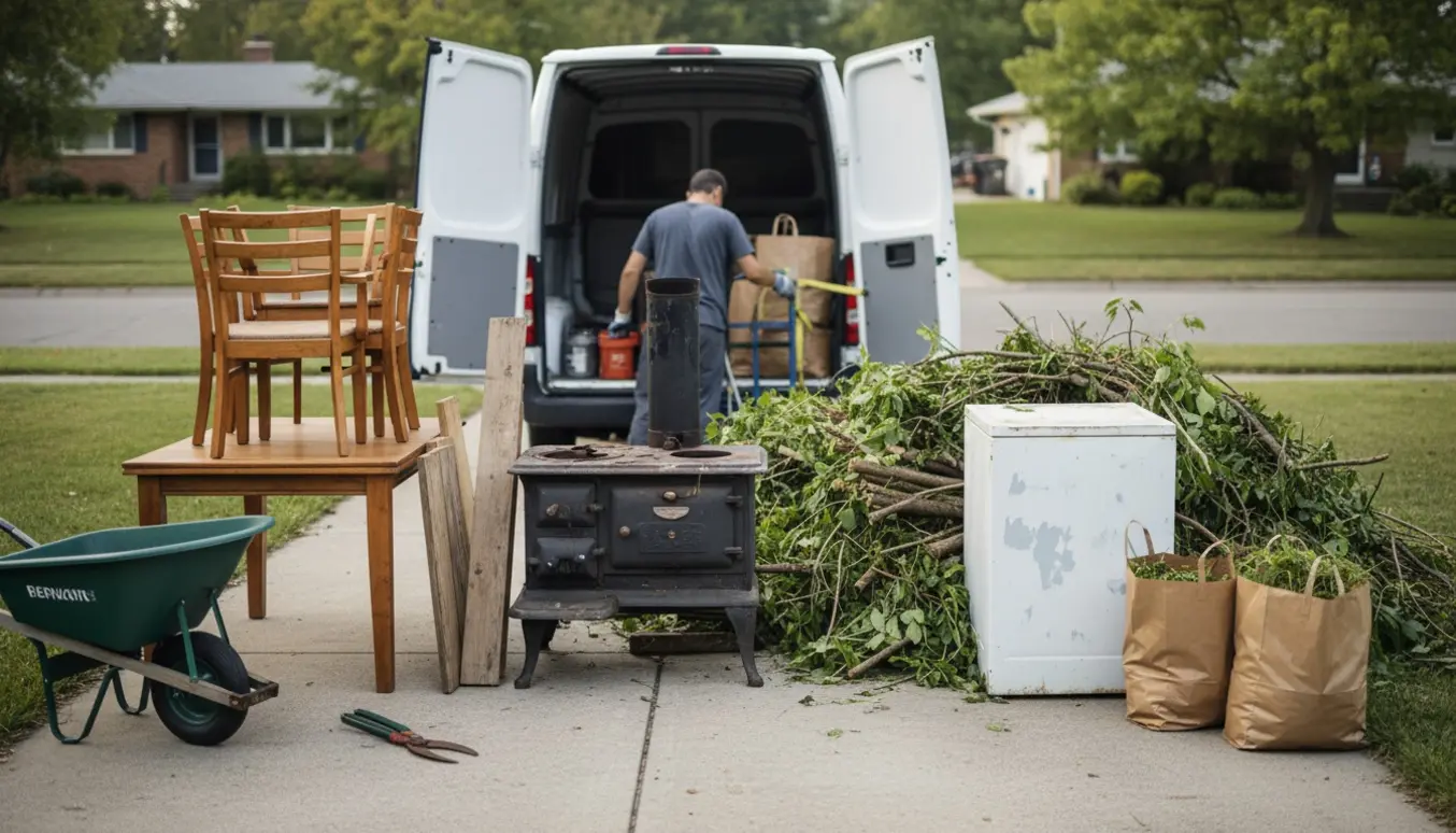Møbler, gammel vaskemaskine og komfur samt en stor bunke haveaffald samlet klar til afhentning i indkørslen.