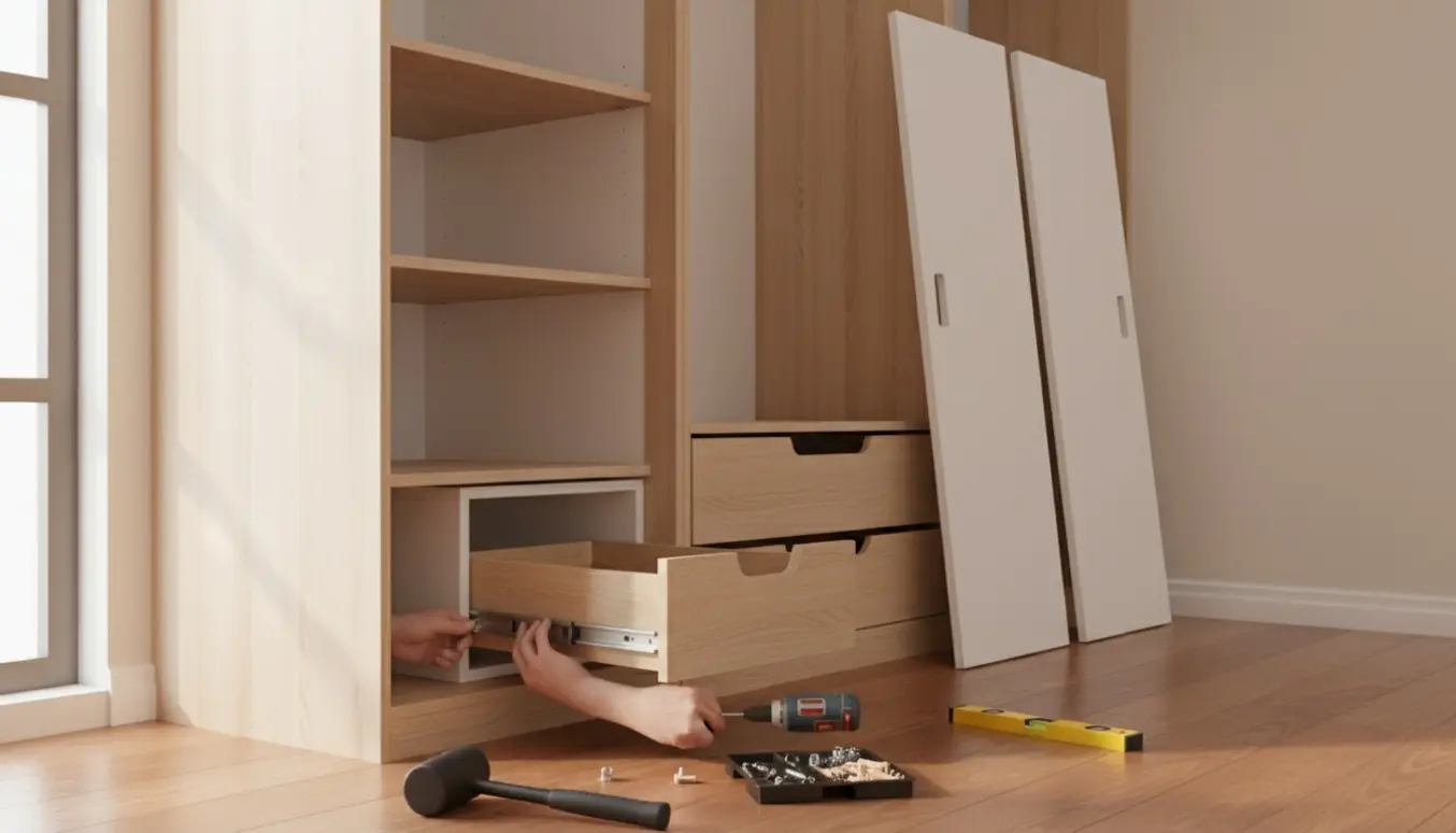 Delvist samlet klædeskab med hænder, der monterer en skuffeindsats og værktøj på trægulvet i klart dagslys.