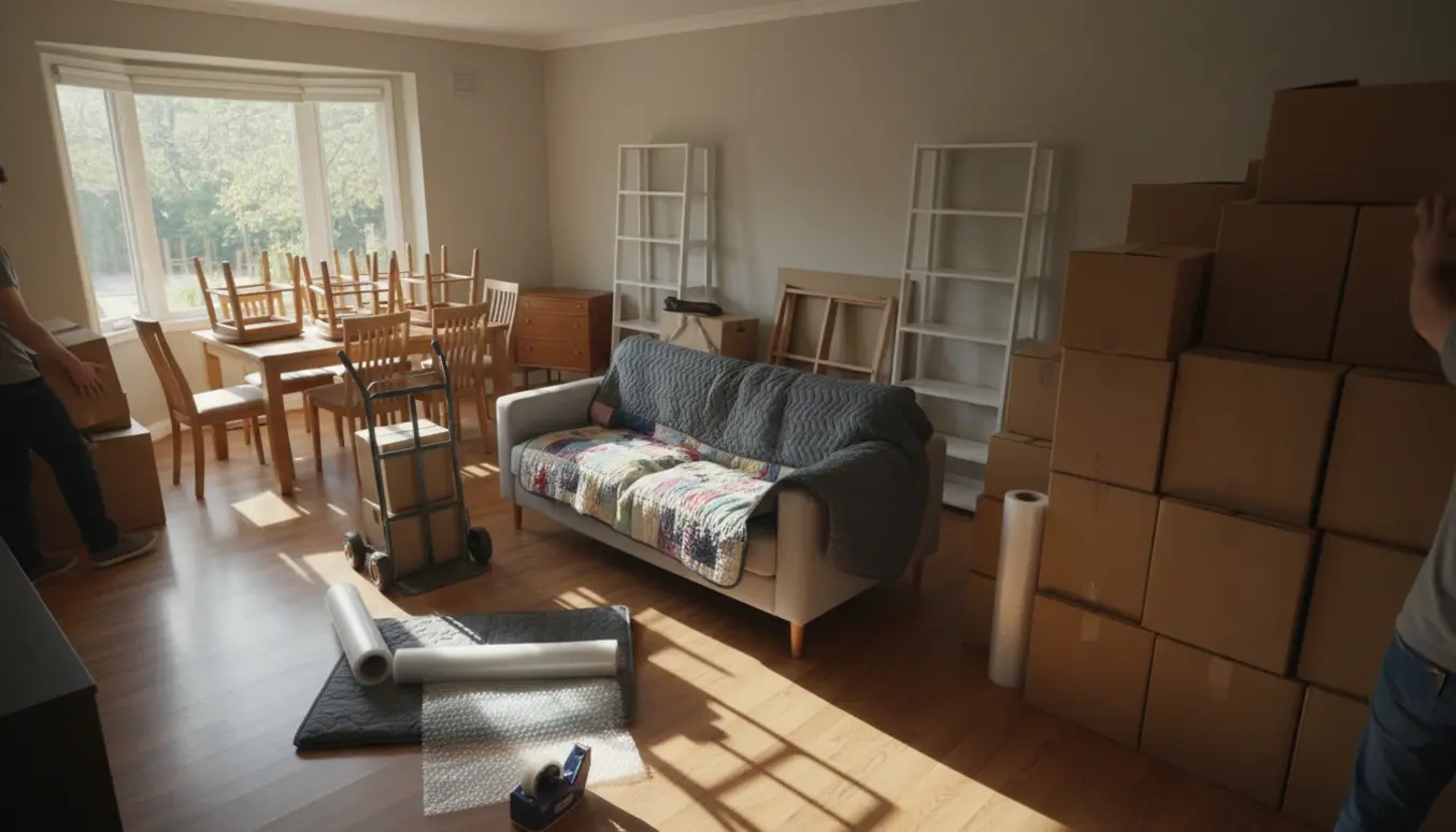 Lyse pakkede flyttekasser og møbler i en stue under en privatflytning.