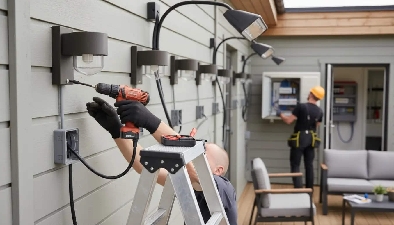 Elektriker monterer udendørs lamper på husfacade med kabelgennemføring, mens varmepumpe serviceres i baggrunden.