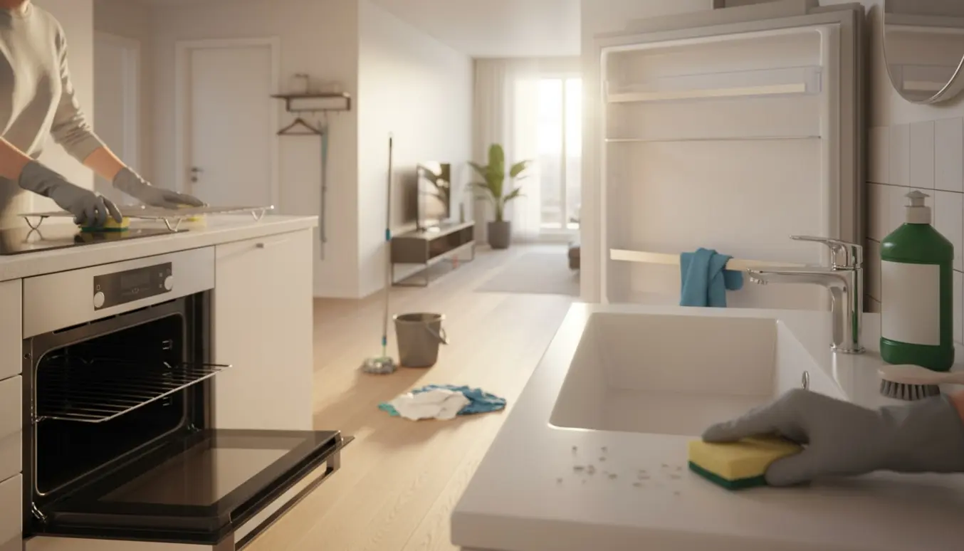 Hvide handsker rengør kalk fra en vandhane i en lys lejlighed, mens ovn og køleskab er åbne og bliver aftørret ved fraflytningsrengøring.