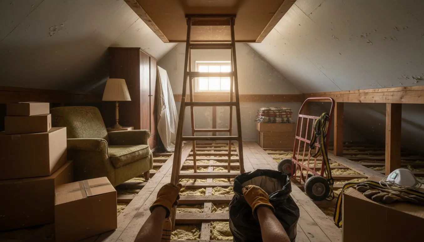 Åbent ulåst loftrum med gamle møbler, flyttekasser og handsker klar til oprydning.