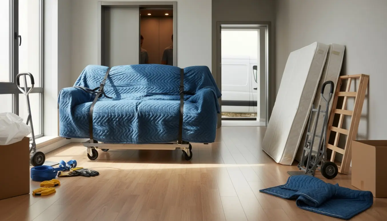 Flyttefolk triller en indpakket sofa ind i en lejlighedselevator med madrasser og adskilte sengestel ved siden af.