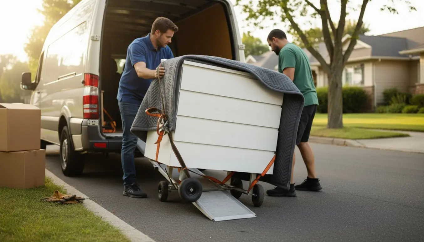 To flyttefolk læsser en stor hvid kommode ind i en flyttebil på en rolig forstadsgade.