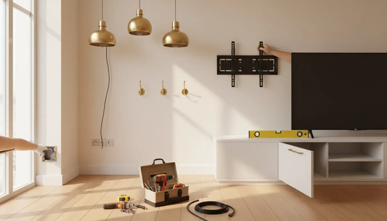 Handyhand monterer lamper, knager, skabsgreb og fjernsynsbeslag i en lys stue med værktøj i forgrunden.