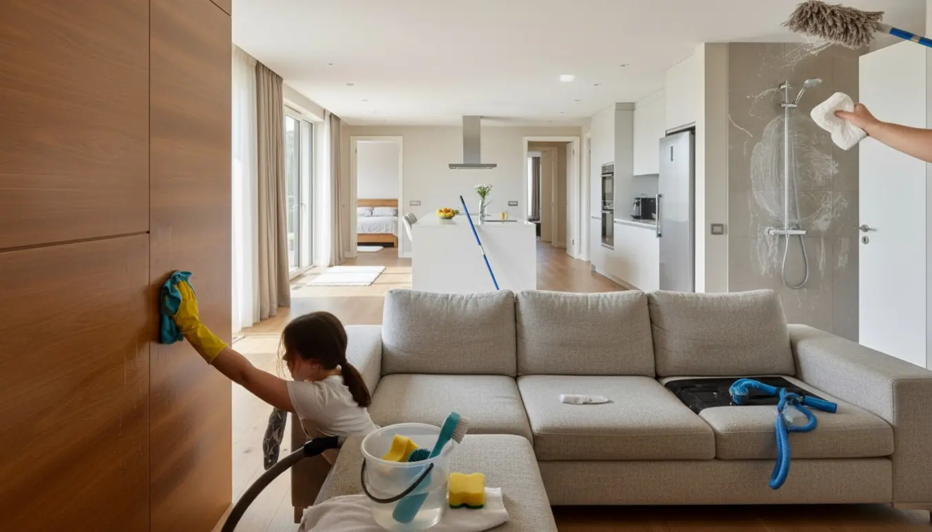 Et lyst hjem under grundig hovedrengøring med støvsuger ved sofa, afkalkning i badeværelset og rengøringsudstyr fremme.