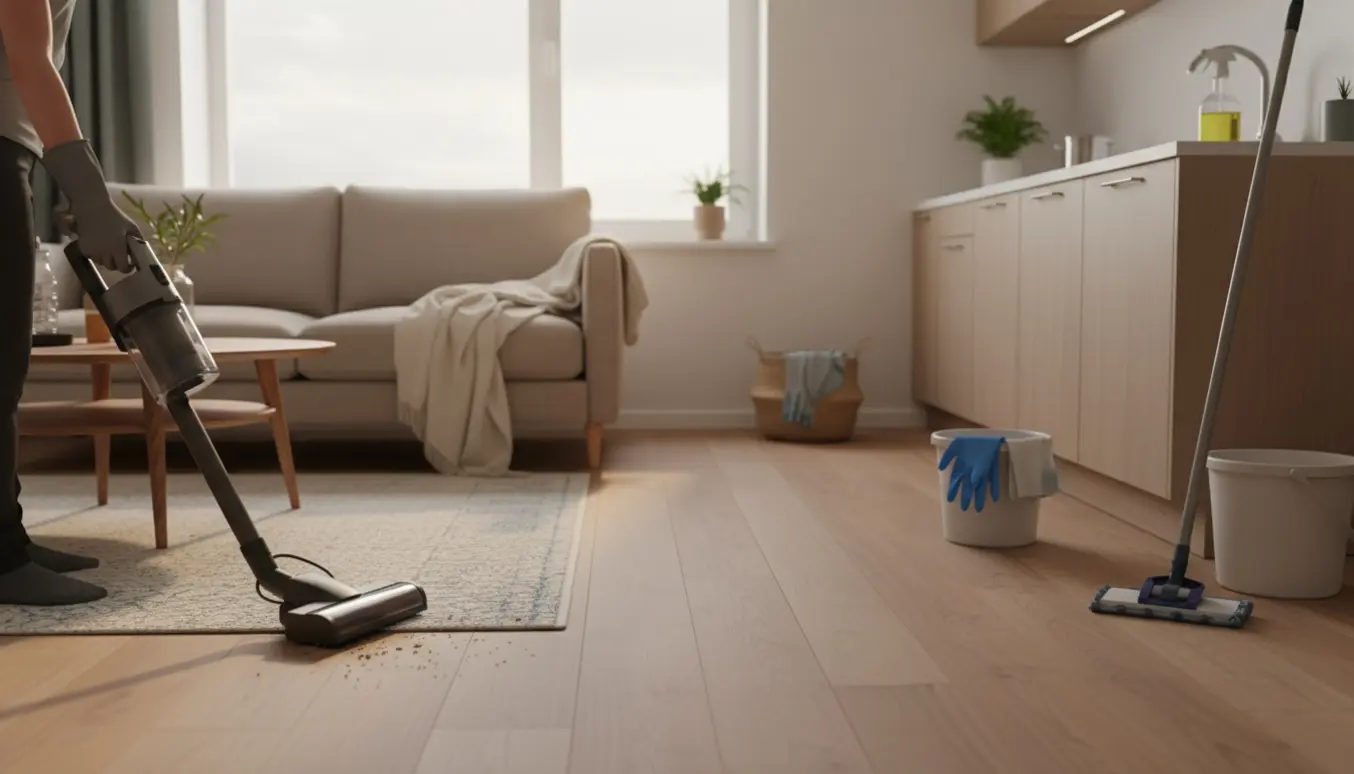 Person støvsuger og tørrer af i en lys, lille toværelses lejlighed uden ansigt synligt.