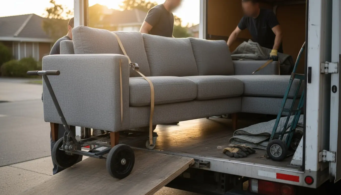 En tre-personers sofa med chaiselong bliver båret ind i en flyttebil, dækket af flyttetæpper og sikret med stropper.