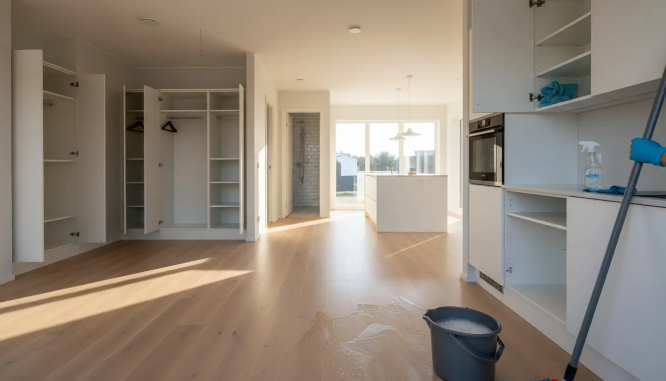 Lyssfyldt villainteriør med åbne skabe, moppedespand og hænder, der vasker gulvet efter fraflytning.
