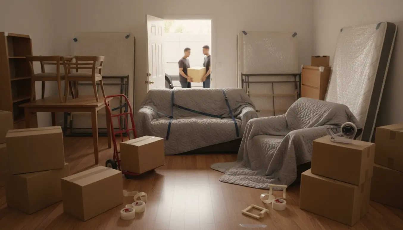 Flyttekasser og indpakkede møbler i en lys stue klar til flytning.