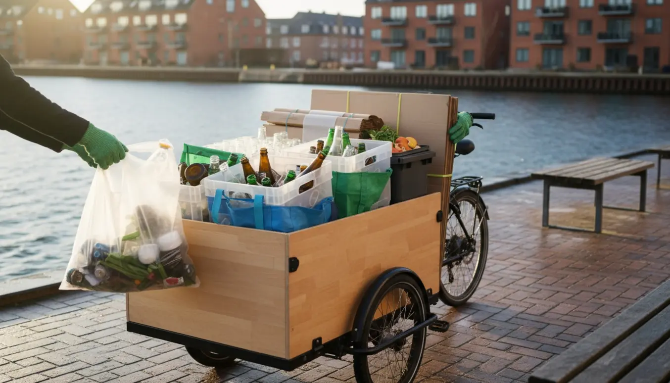 Affaldsindsamling på Islands Brygge ved kajen med pænt sorteret affald i en ladcykel.