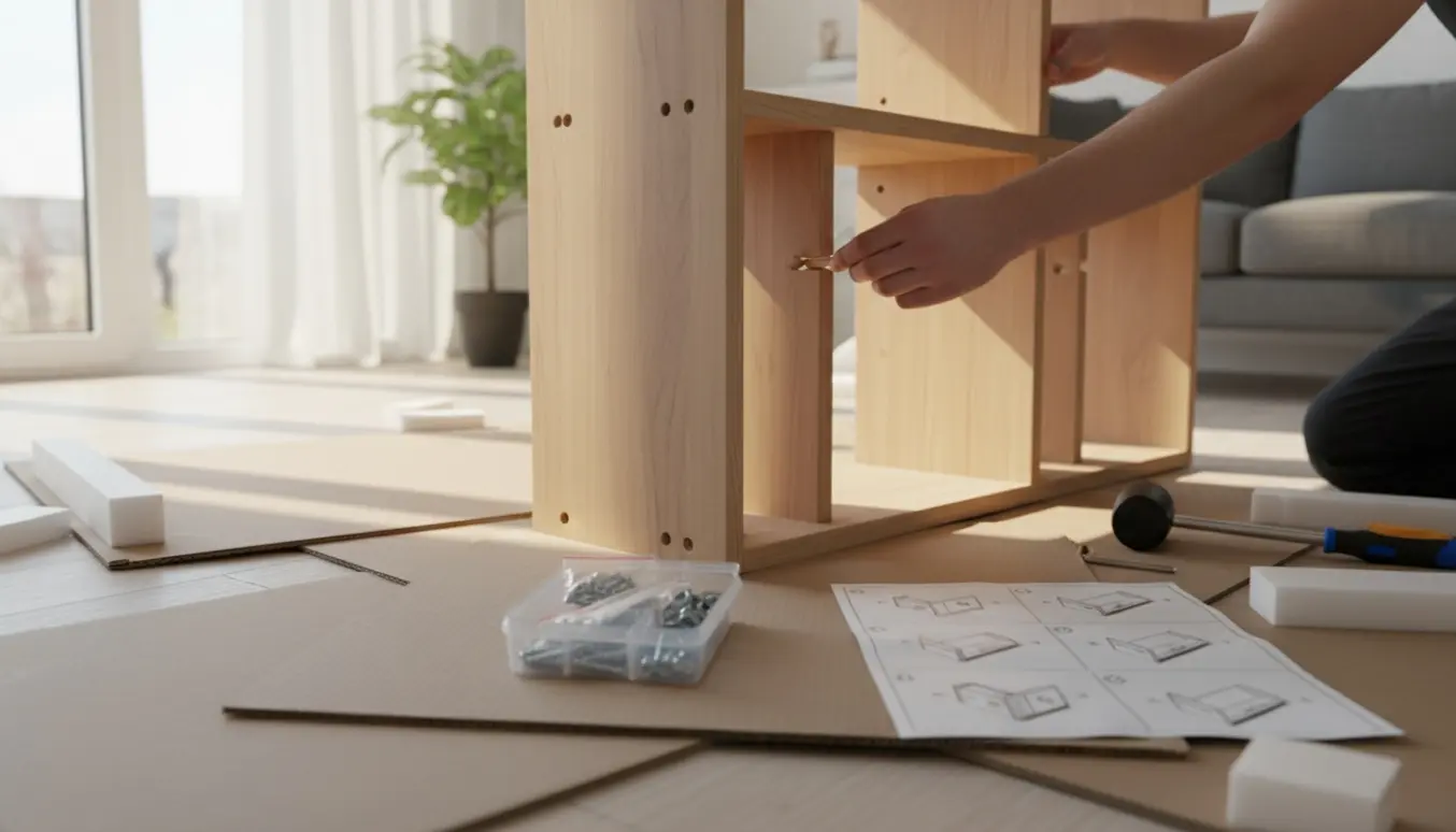 Hænder samler fladt pakkede møbeldele i et lyst og ryddeligt hjem.