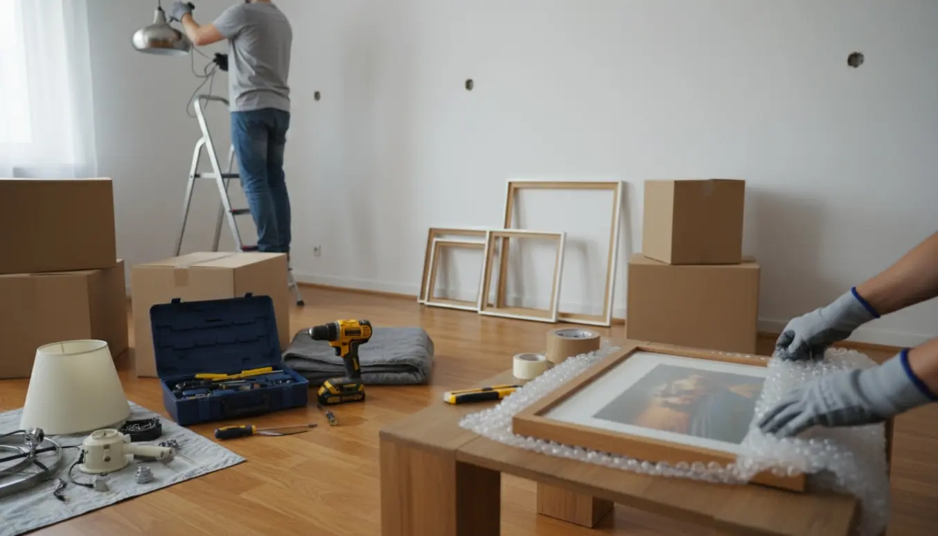 Hænder pakker lamper og billedrammer i flyttekasser i en stue under flytning.