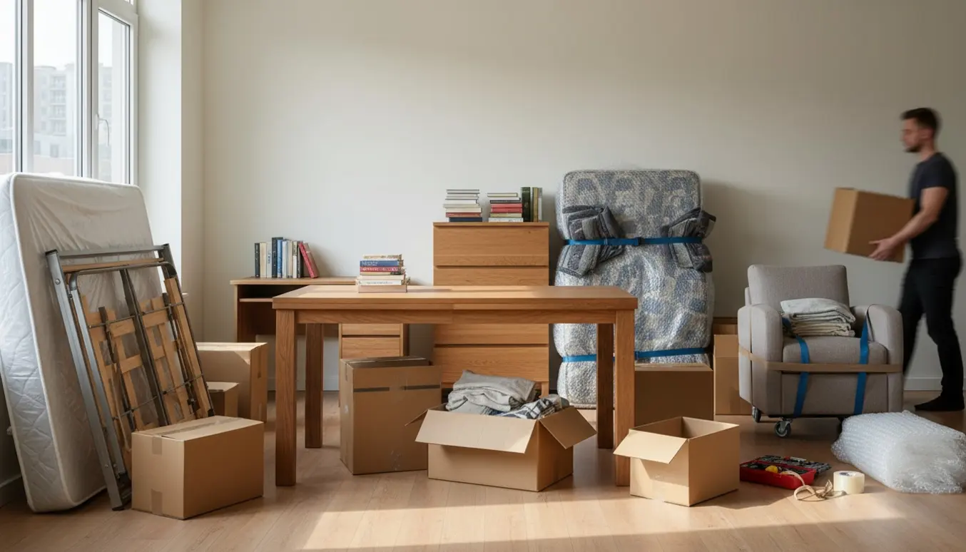 Et lyst rum med møbler og flyttekasser pakket og klar til flytning.