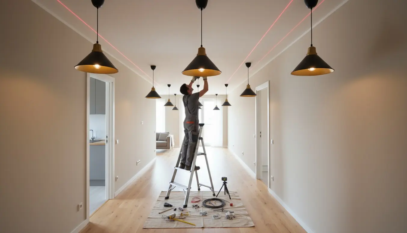 Matchende loftslamper hænges op i en lejlighed med laserlinje og værktøj for at sikre samme højde.