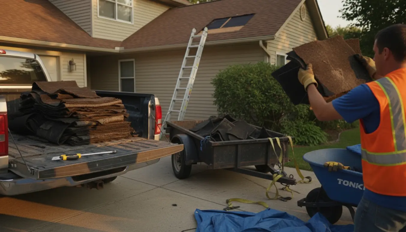 Opklippet gammelt tagpap stablet i varevognsbed og trailer ved en villadrive, klar til bortkørsel.