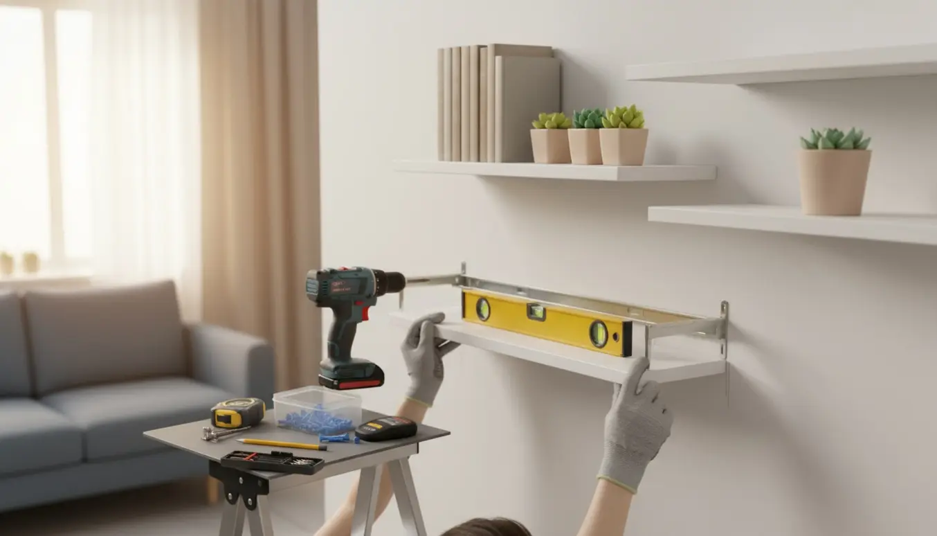 Fire IKEA-hylder monteres på en stuevæg med boremaskine, skruer og vaterpas.