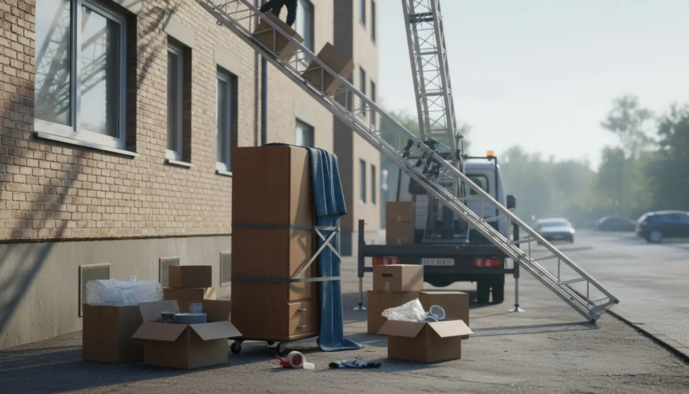 Flytning med løftevogn: pakker og et indpakket skab ved en lejlighed i blødt morgenlys.