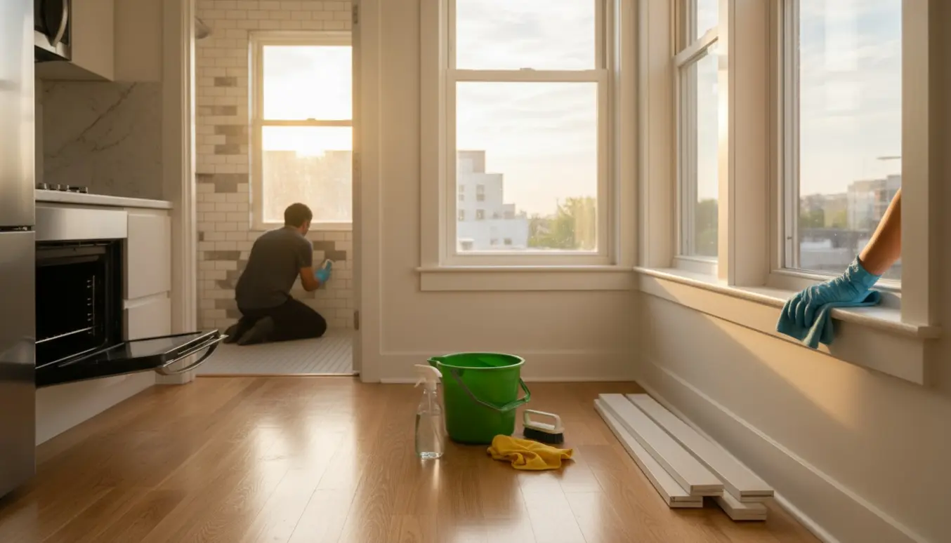 Lys lejlighed under grundig slutrengøring med handsker, spand, åben ovn og en person, der skrubber fliser i badeværelset.