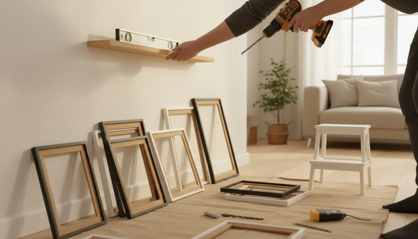 Nærbillede af hænder, der monterer gallerihylder og placerer billedrammer på en lys væg.