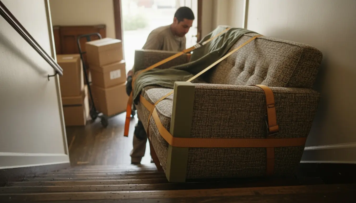 To personer løfter en sofa op ad en smal trappe i en lejlighedsopgang med flyttetæpper og stropper.