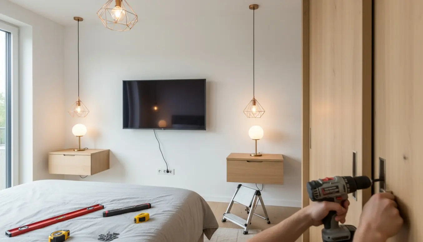 Moderne soveværelse med vægmonteret TV mellem to skabe, loftlamper og sengelamper, og hænder der monterer et skabshåndtag.