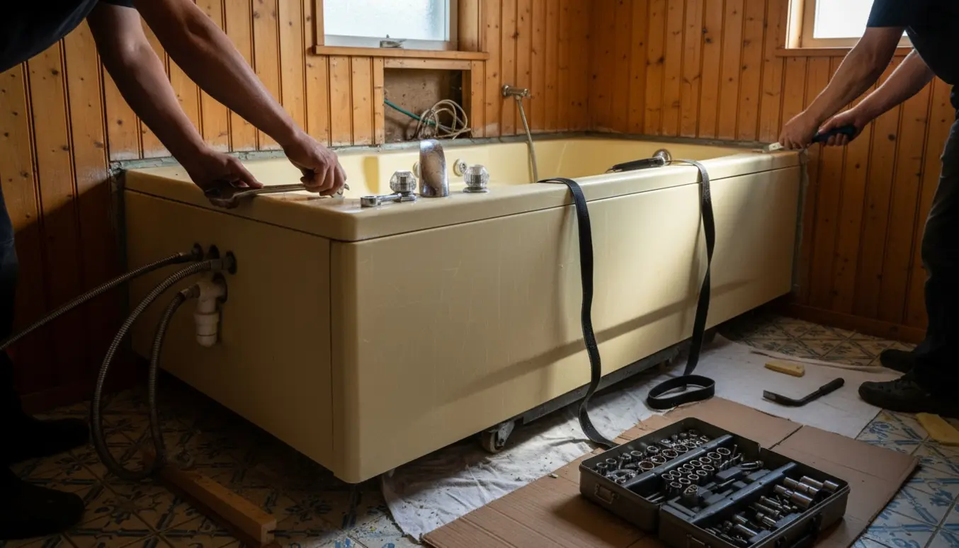 Et ældre spabad fra 1998 afmonteres i et sommerhusbadeværelse med værktøj og eksponeret VVS synligt.