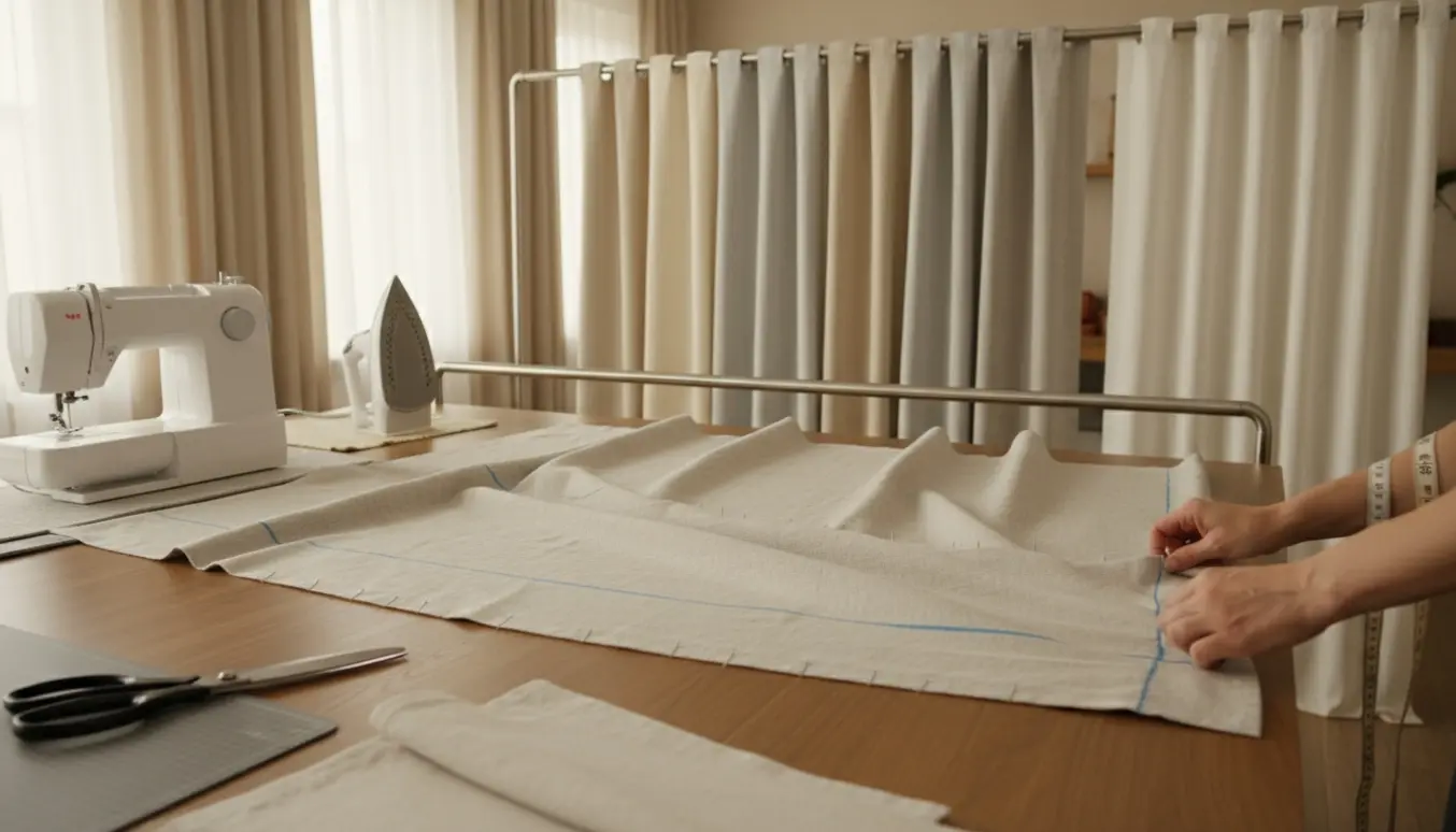 Hænder måler, markerer og syr 12 gardiner, der forkortes til en ny længde.